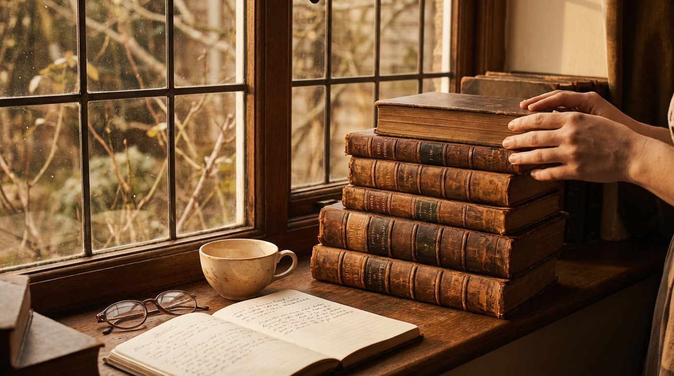 古い書斎の窓辺に重ねられた本と柔らかい午後の光、暖色の静物写真、人物は写らない