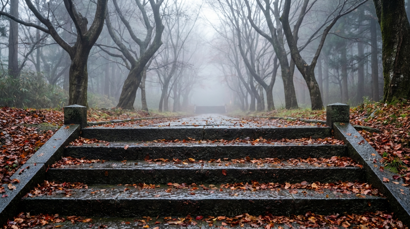 雨上がりの石段と落ち葉、奥に薄霧のかかった並木道、静謐な風景写真、人物は写らない
