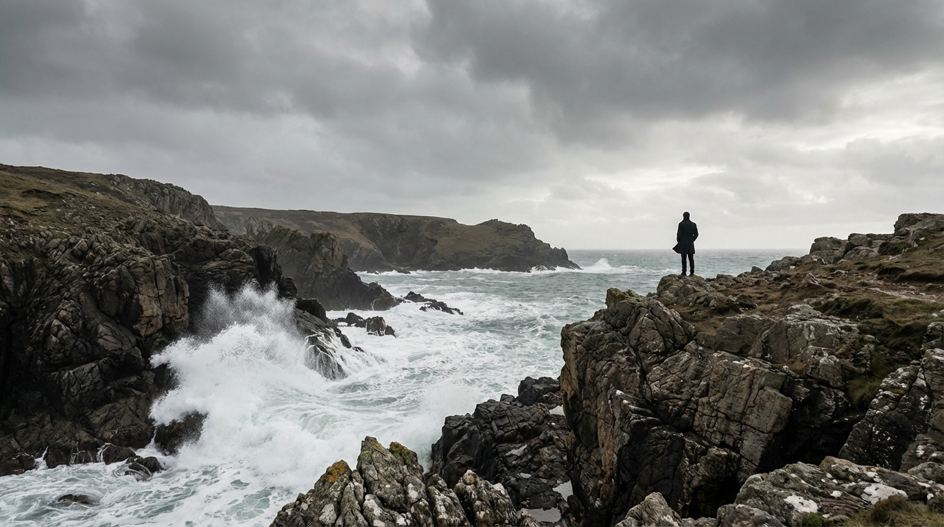 荒涼とした岩場の海岸と波しぶき、曇天のドラマチックな風景写真、人物は写らない
