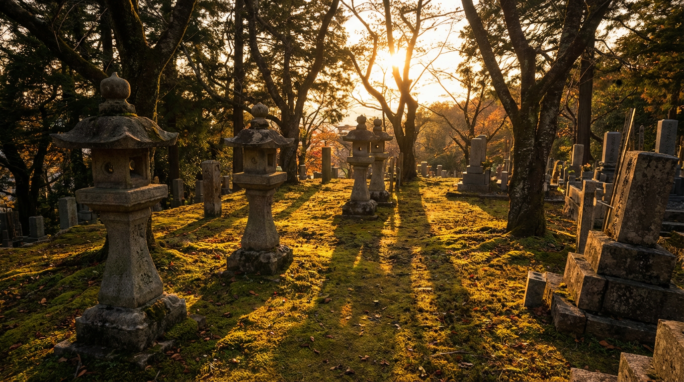 夕暮れの墓地に並ぶ古い墓石と長い影、静かなゴールデンアワーの風景写真、人物は写らない
