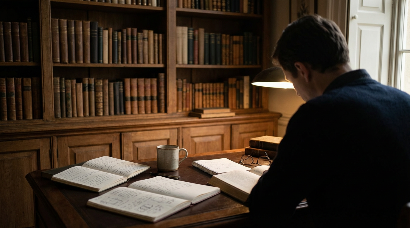 古い木製の本棚と散らばったノート、柔らかい間接照明の書斎写真、人物は写らない