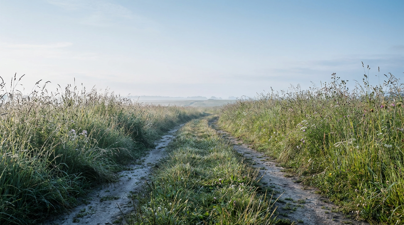 朝露に濡れた草原の小道と遠くに続く地平線、清涼な早朝の風景写真、人物は写らない
