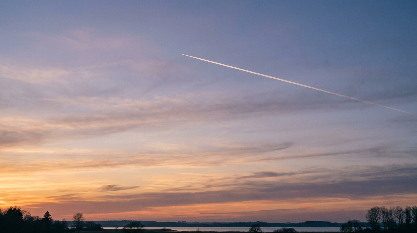 薄明の空と一筋の飛行機雲、広い空を見上げる構図の風景写真、人物は写らない