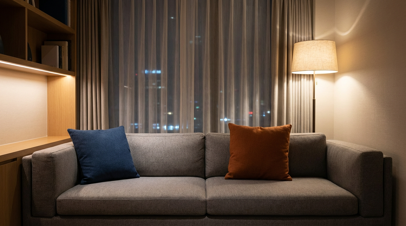 夜のリビング、ソファの上にふたつの異なる色のクッションが少し離れて置かれている、間接照明の柔らかい光、人物は写らない