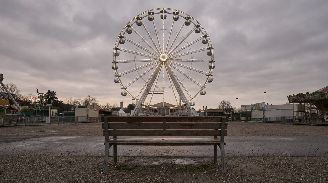 曇り空の遊園地、観覧車がゆっくり回っている、地上にはカップルのベンチがひとつ空いている、夕方の光、人物は写らない