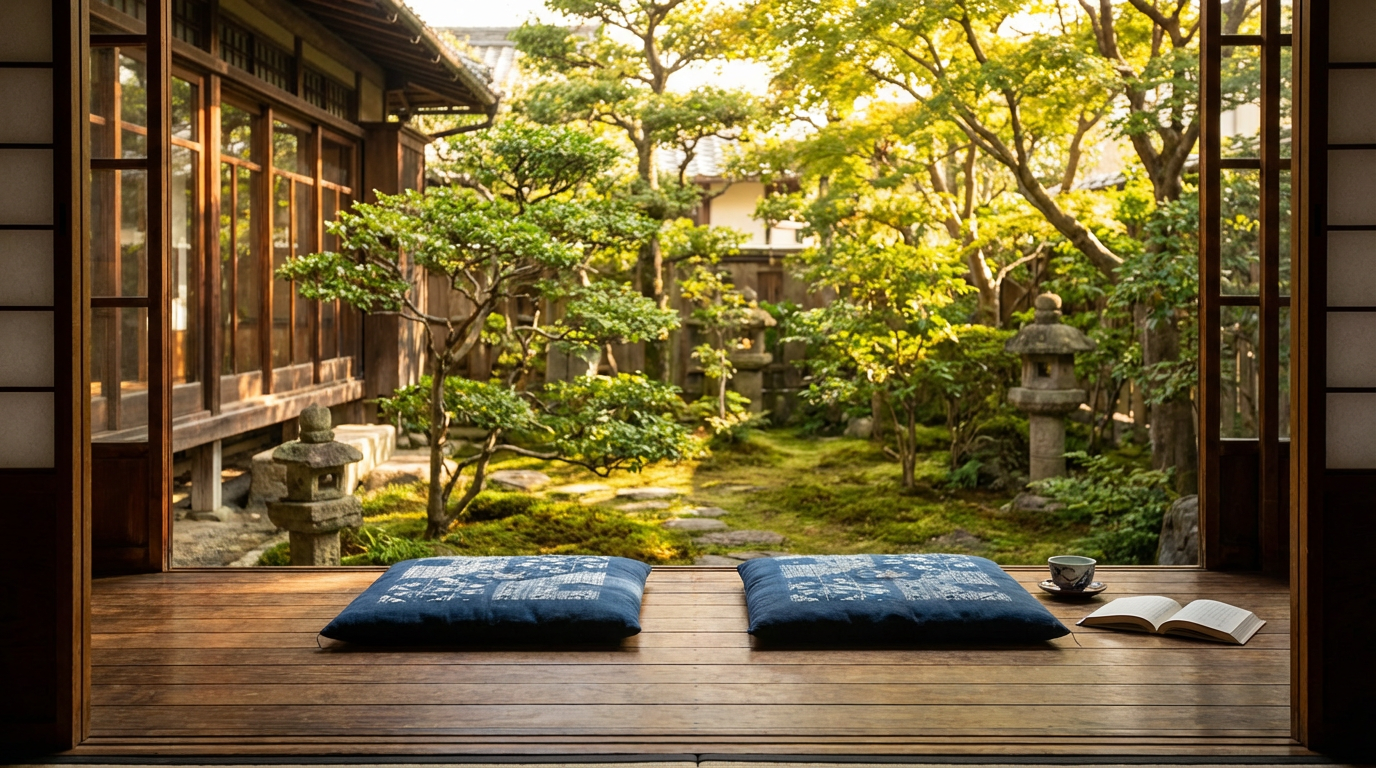 長い年月を重ねた木造の家の縁側、庭には手入れされた小さな植栽、縁側に二つの座布団が並んでいるが少し間が空いている、午後の光、人物は写らない