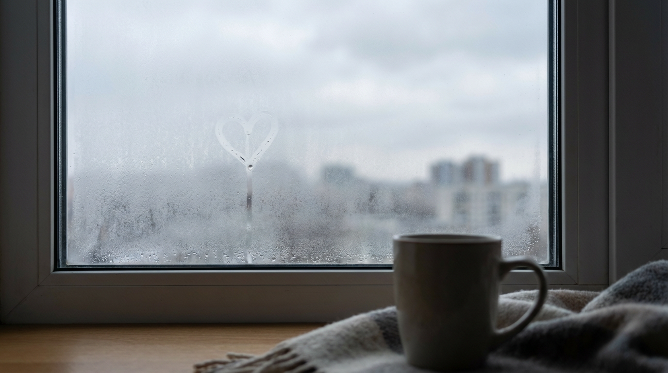 冬の朝の窓辺、結露した窓ガラスに指で描いた小さなハートマークがうっすら残っている、外は曇り空、人物は写らない