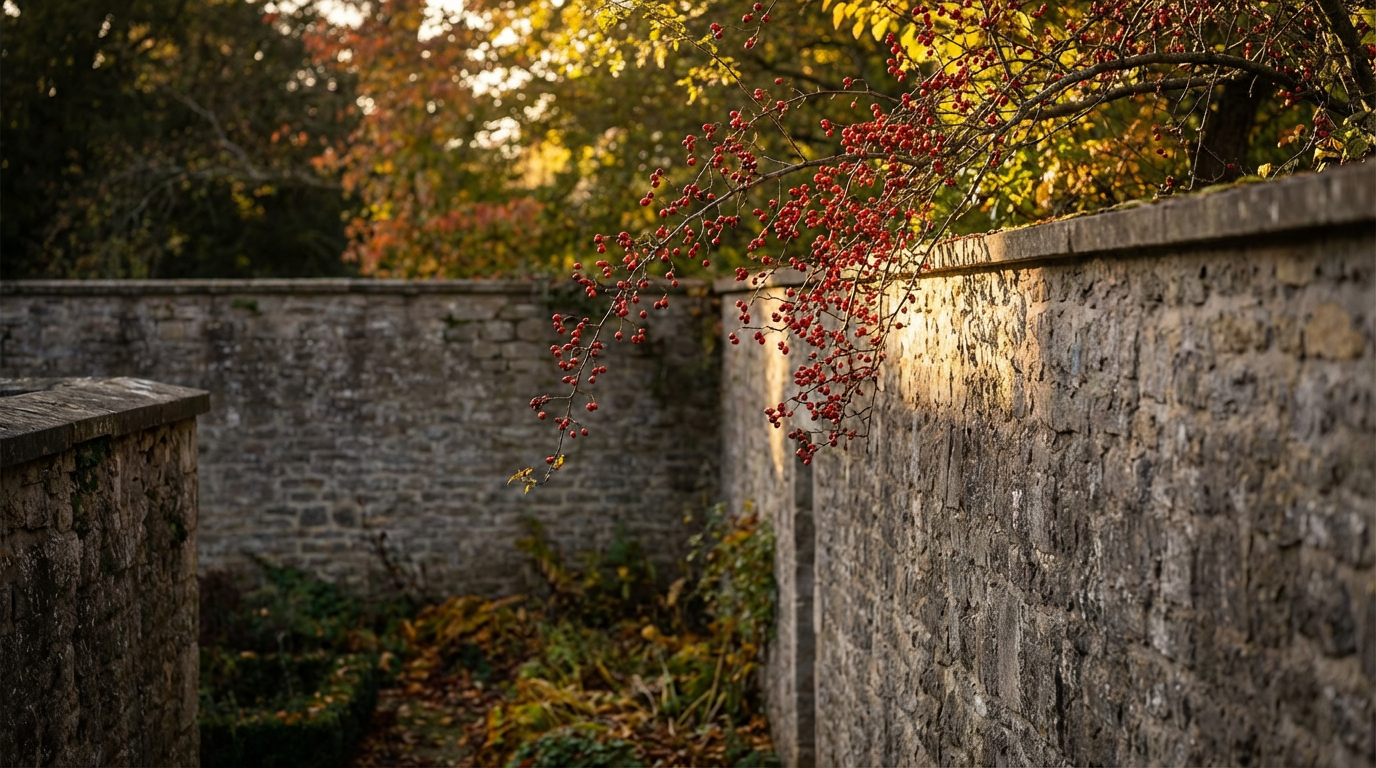 高い塀に囲まれた裏庭、塀の向こう側に一本の木の枝がはみ出している、赤い実がいくつかついている、秋の光、人物は写らない