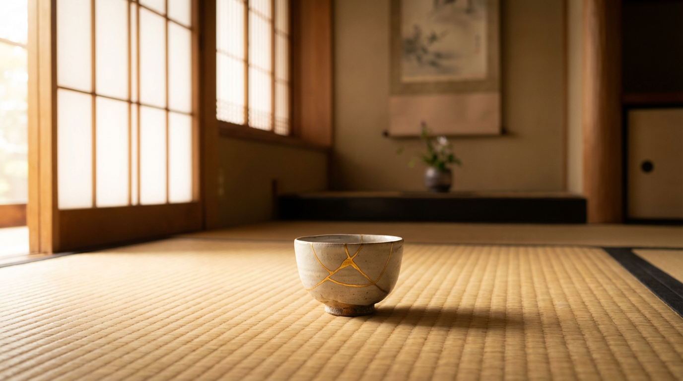 割れた陶器の金継ぎ修復、金色の線が走った茶碗がひとつ、和室の畳の上、柔らかい自然光、人物は写らない