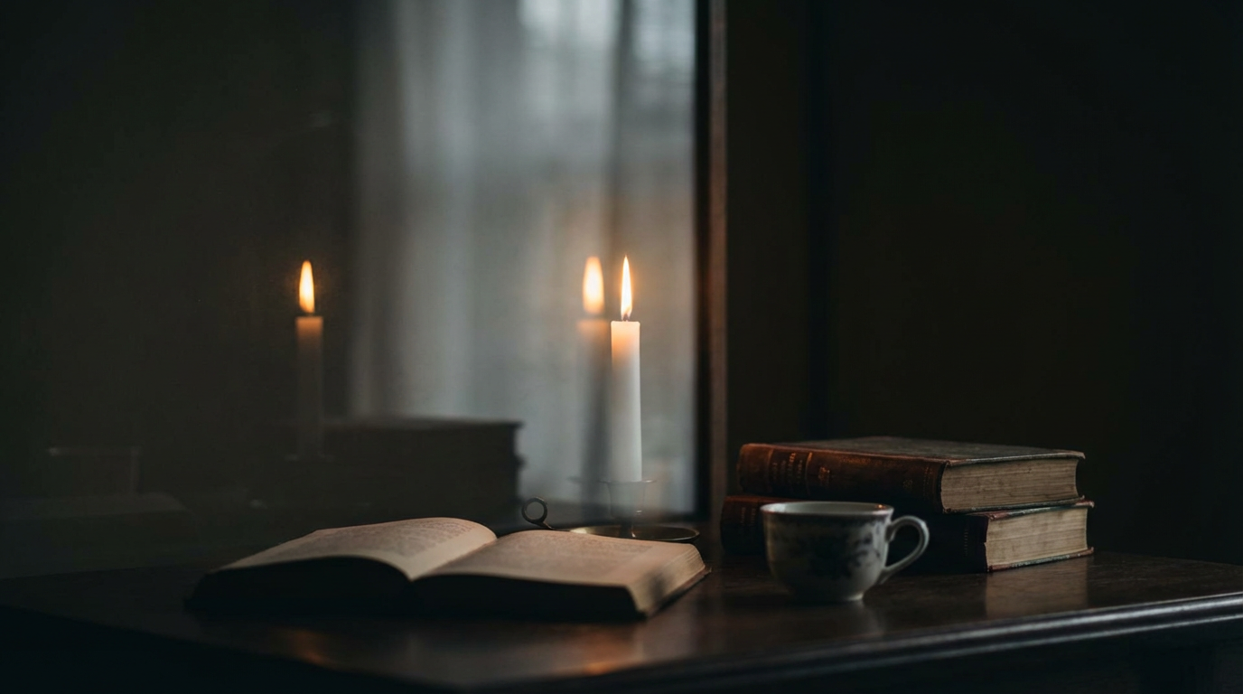 硝子の向こうに見える蝋燭の炎、硝子に映り込んだ別の炎、どちらが本物かわからない構図、暗い室内、人物は写らない