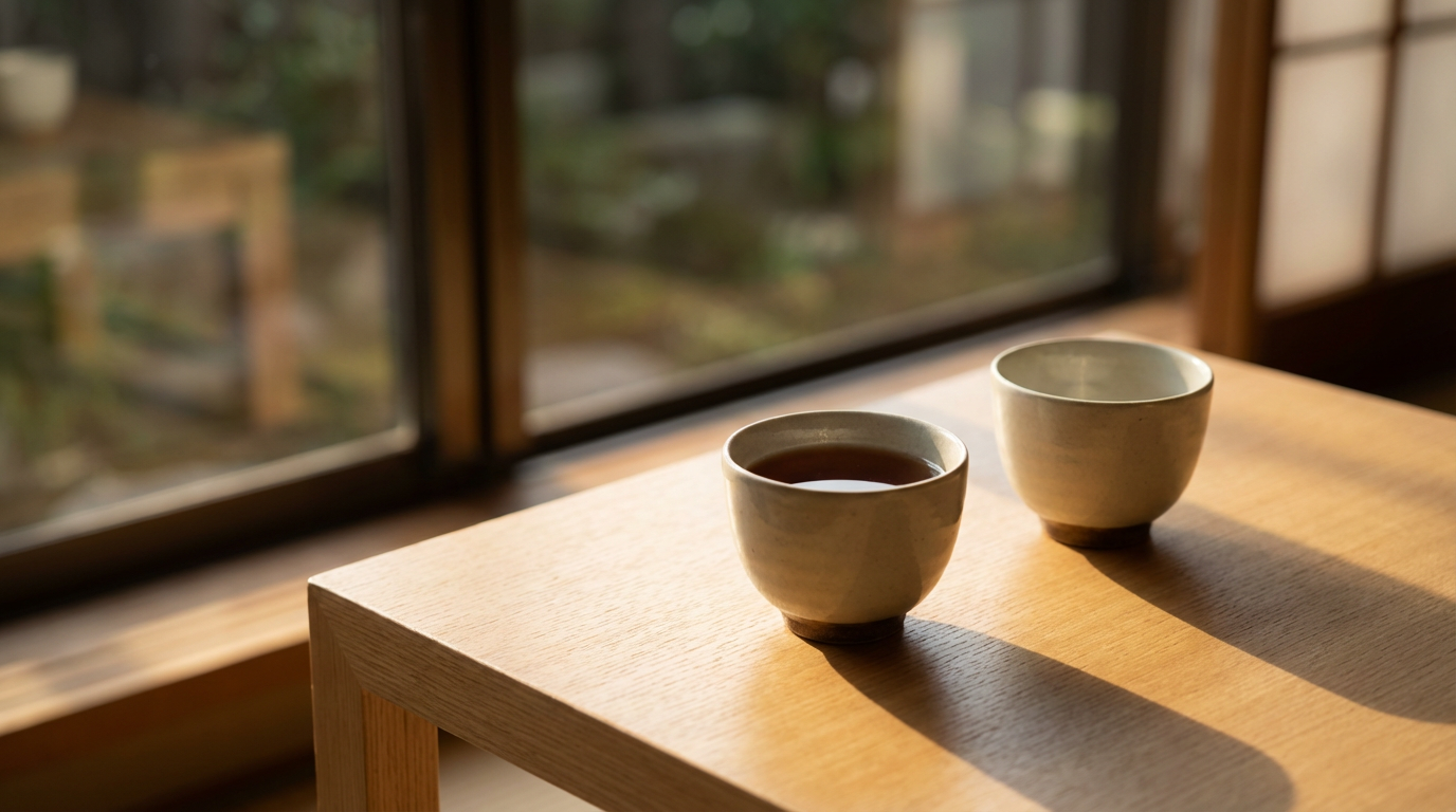 二人用のティーセットが小さなテーブルに並んでいる、片方のカップだけに紅茶が注がれている、もう片方は空のまま、午後の光、人物は写らない