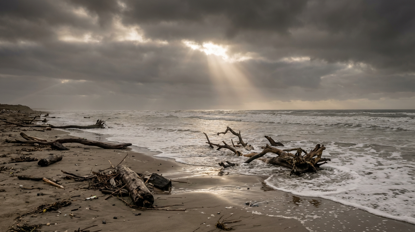嵐が過ぎた後の海辺、砂浜に流木が打ち上げられている、雲の切れ間から光が一筋差している、人物は写らない