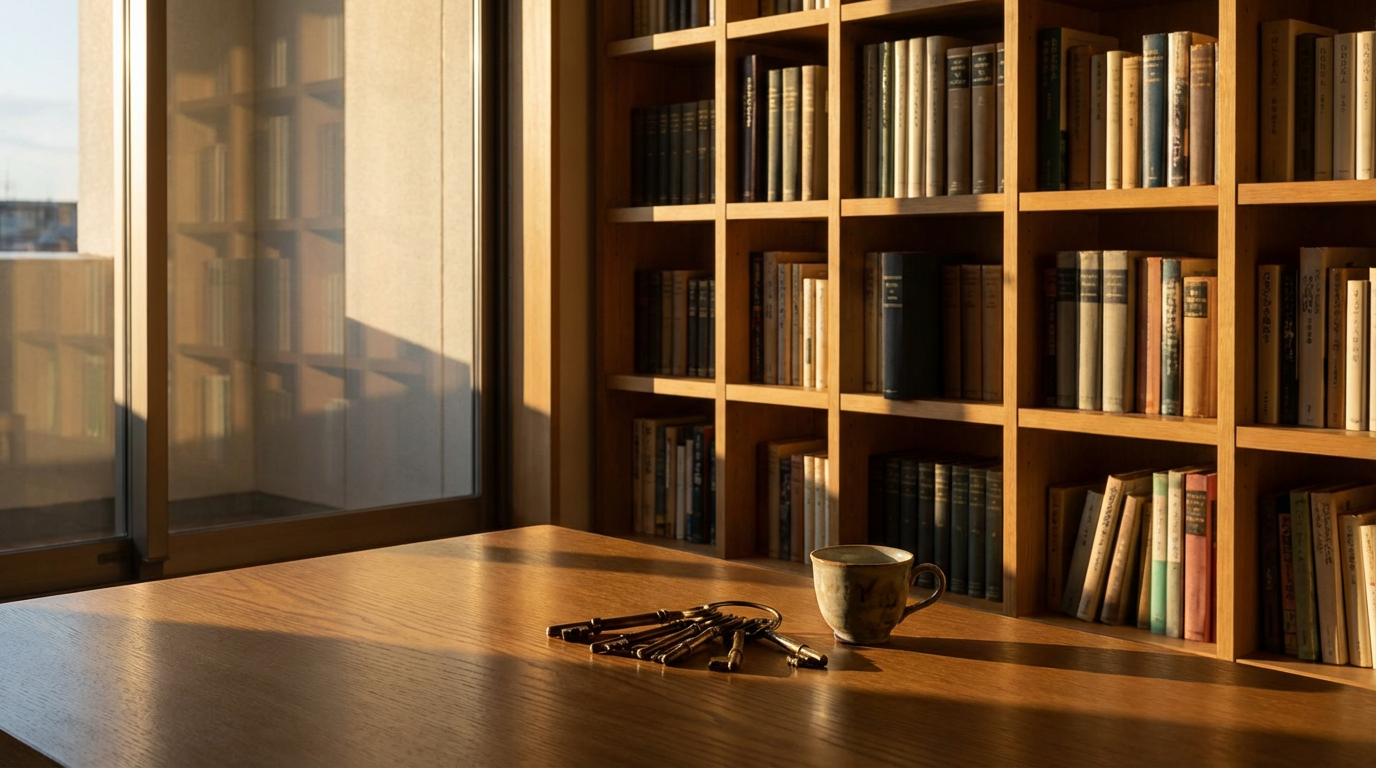 夕暮れのリビング、本棚に並んだ本の一冊だけ背表紙が裏返しに置かれている、テーブルの上に鍵束がひとつ、窓から差し込む夕陽が本棚の影を長く伸ばしている、人物は写らない、隠すことが日常に溶け込んでいる静けさ