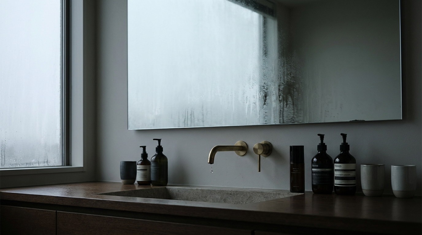 曇りの日の洗面台、鏡が少し湯気で曇っている、鏡の前に置かれた日用品は整然としているが一か所だけ空白がある、蛇口から水がゆっくり流れている、人物は写らない、毎日鏡を見るたびに隠している自分と向き合う瞬間