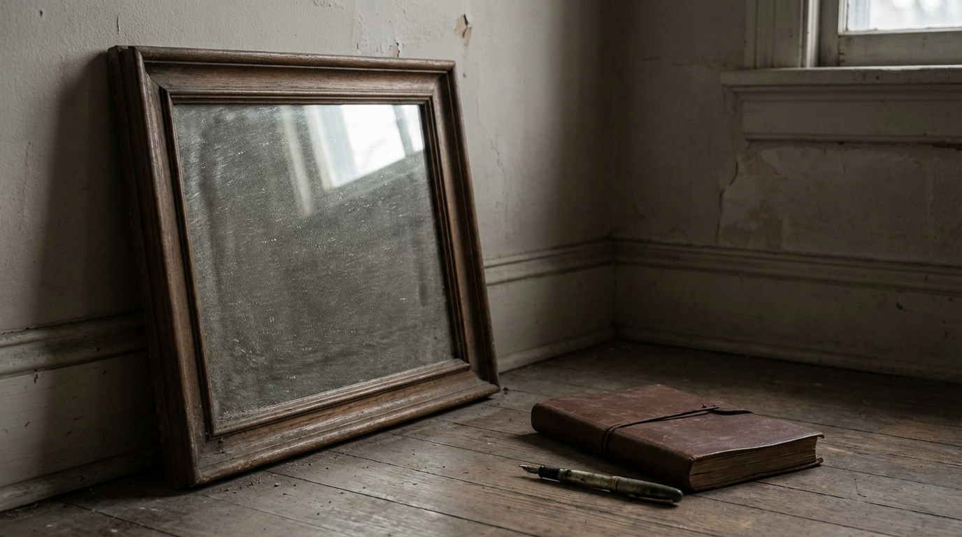 薄暗い部屋の隅、壁に背を向けるように置かれた鏡、鏡の表面に薄く埃が積もっている、傍らに伏せられた日記帳と使い古されたペン、人物は写らない、自分を直視することを避けてきた時間の堆積