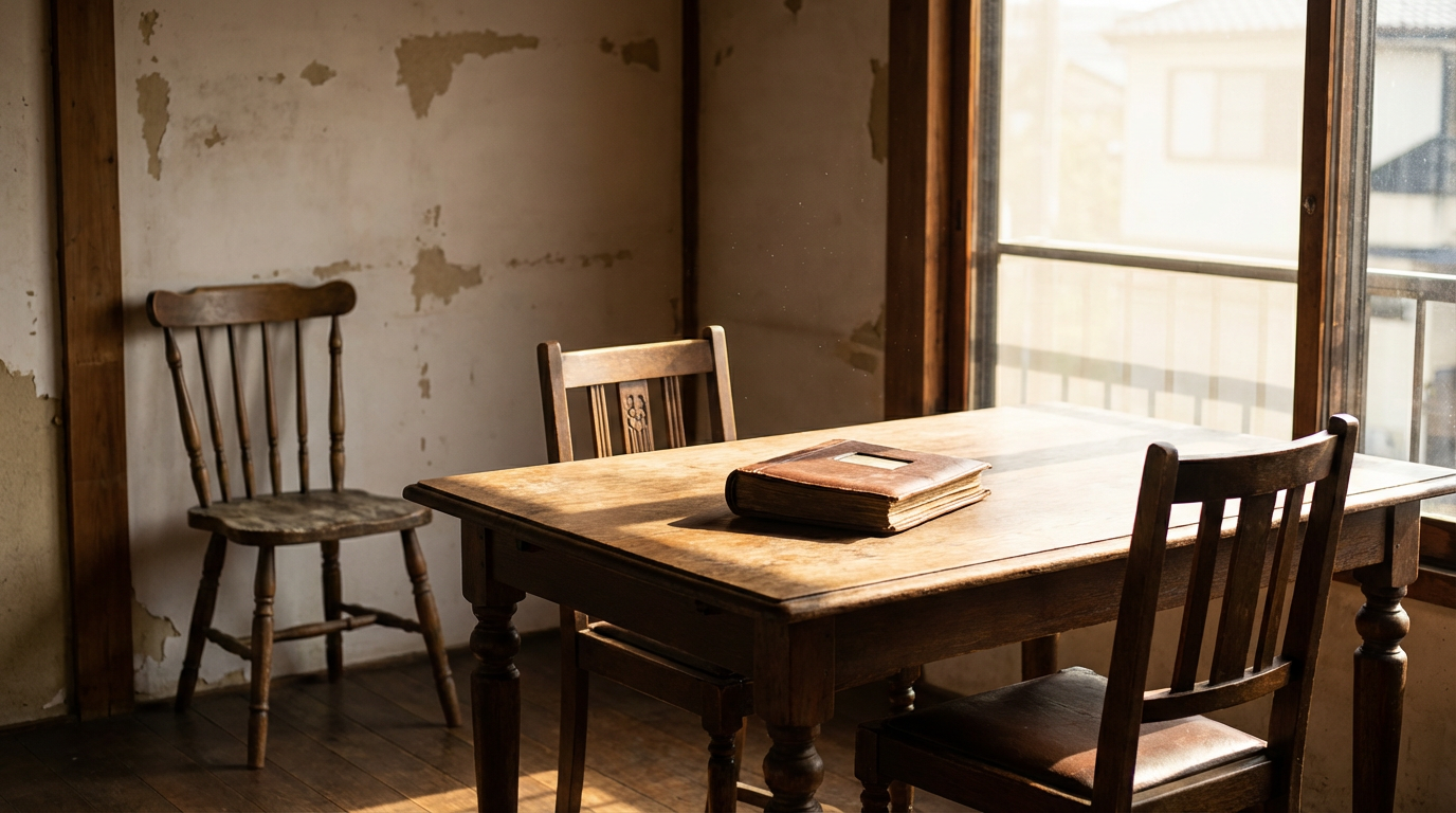 古いダイニングテーブル、椅子が四脚あるが一脚だけ壁際に寄せられている、テーブルの上にアルバムが閉じたまま置かれている、窓から差す午後の光が埃を浮かび上がらせている、人物は写らない、語られなかった家族の時間が沈殿している食卓