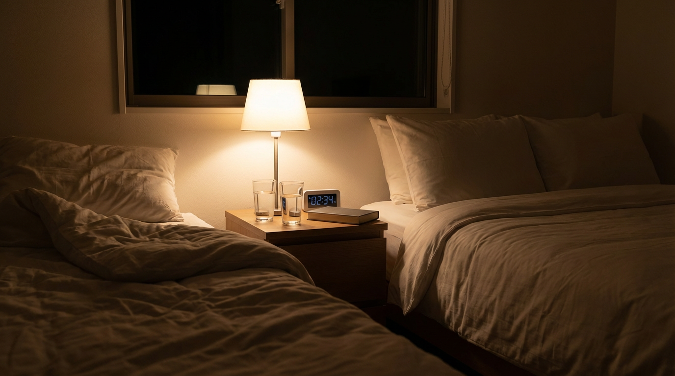 夜のベッドルーム、枕元のスタンドライトだけが点いている、ベッドの片側だけシーツが乱れていて、もう片側はきれいに整ったまま、ナイトテーブルに水の入ったグラスがふたつ並んでいる、人物は写らない、隣にいるのに届かない距離の静けさ