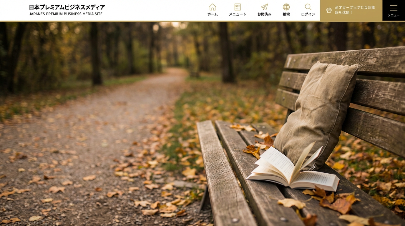 秋の公園のベンチ、片側に誰かが座っていた痕跡──少しへこんだクッション、置き忘れられたような文庫本、ベンチの向こうに散歩道が続いているが人影はない、人物は写らない、言えないまま過ぎた時間が積もった場所