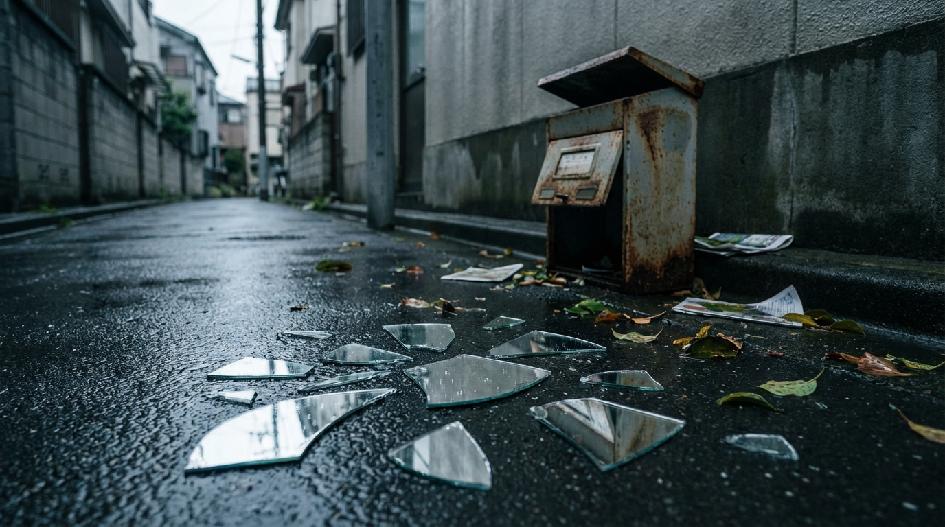 雨上がりの路地、濡れたアスファルトに割れた手鏡の破片が散らばっている、破片のひとつひとつに曇り空が映り込んでいる、路地の奥に古い郵便受けがあり蓋が半開きになっている、人物は写らない、不意に壊れた鏡のように秘密が露わになった瞬間の残響