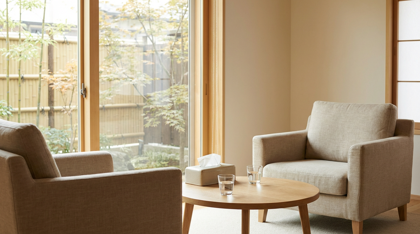 穏やかな光が差し込むカウンセリングルーム風の小部屋、向かい合う二脚の椅子のあいだにローテーブル、テーブルの上にティッシュの箱とコップの水、椅子には誰も座っていない、まだ始まっていない対話の静かな予感