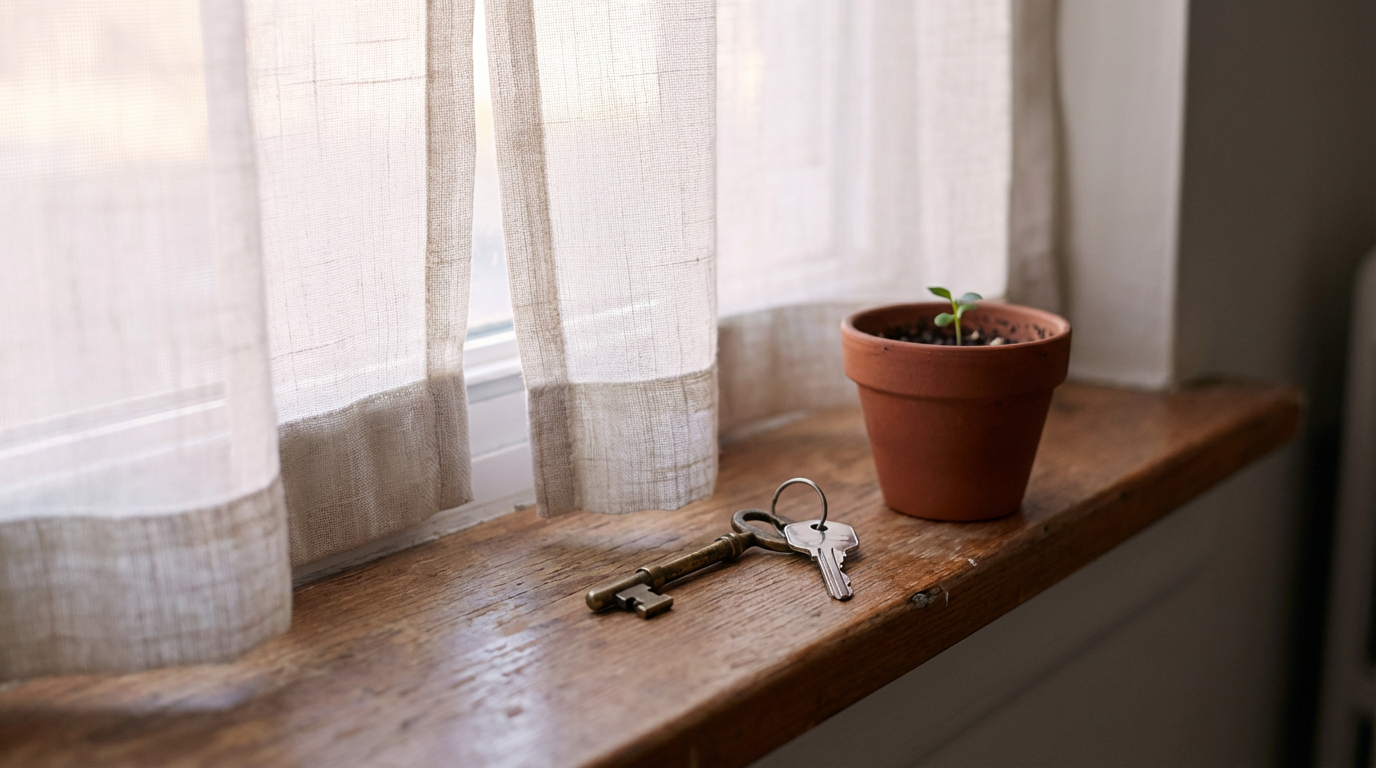 早朝の窓辺、カーテンが少しだけ開いて淡い光が差し込んでいる、窓際の棚に古い鍵と新しい鍵がひとつずつ並んでいる、棚の隅に小さな鉢植えが芽を出しかけている、人物は写らない、全部を開け放たなくても朝は来るという静けさ