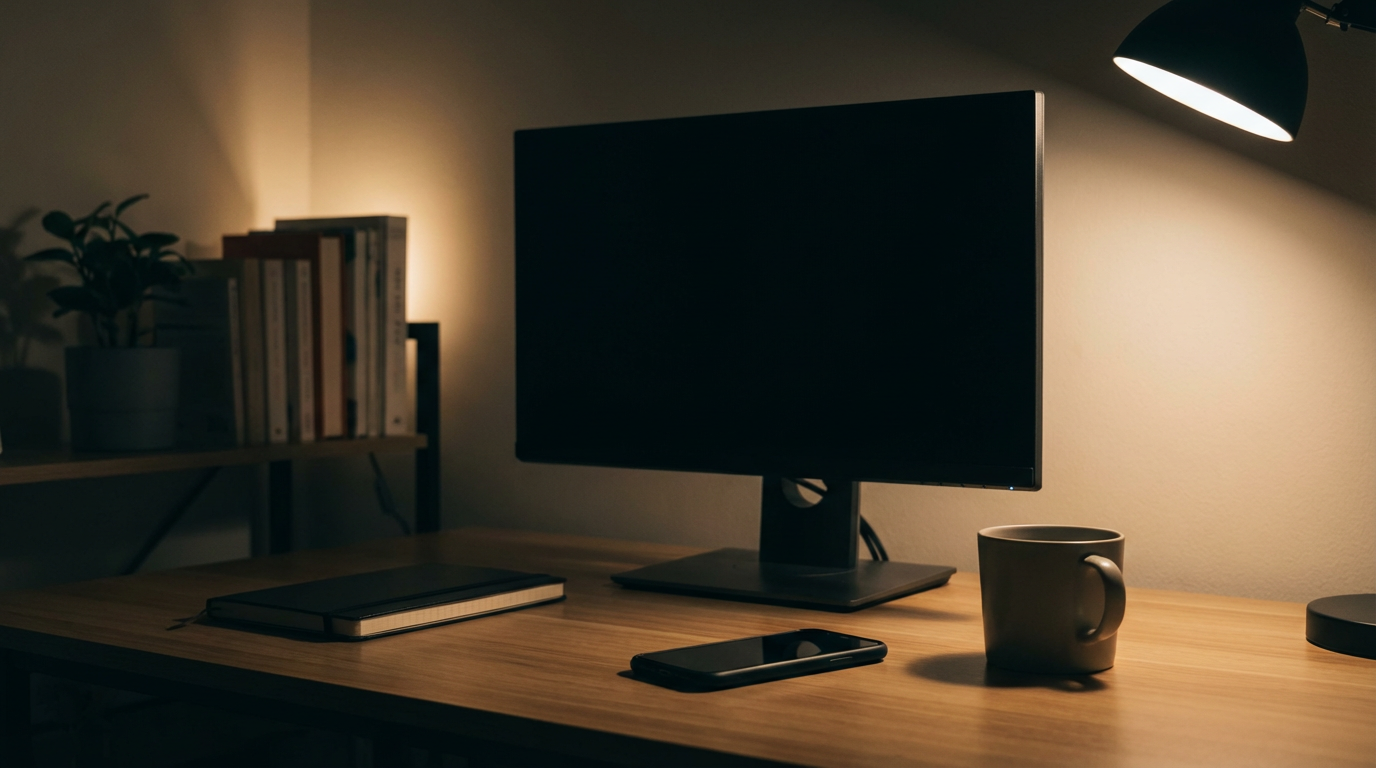 深夜のデスク、消灯されたモニターの前にスマートフォンが裏返しに置かれている、周囲は暗く間接照明だけがぼんやり灯っている、人物は写らない