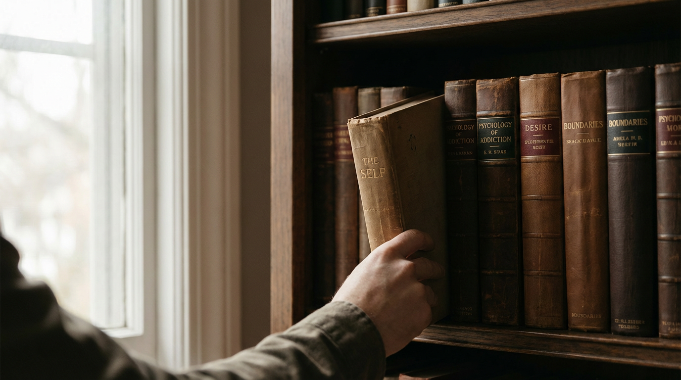 古い書棚の一角、心理学の洋書が数冊並んでいる、一冊だけ少し引き出されている、柔らかい自然光、人物は写らない