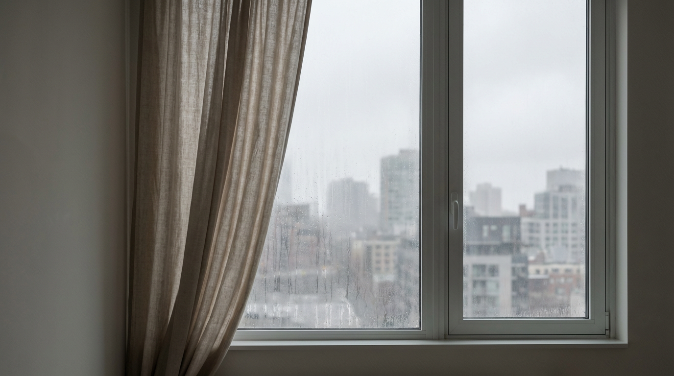 曇り空の朝、窓の結露したガラス越しに見える街並み、窓の内側にはカーテンが少し開いているだけ、静かな室内の気配、人物は写らない