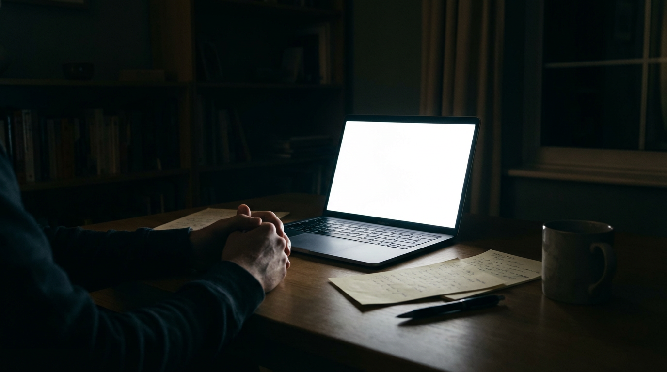 暗い部屋のなかでノートパソコンの画面だけが光っている、画面は白く飛んでいて内容は見えない、机の上にメモ用紙とペンが置かれている、人物は写らない