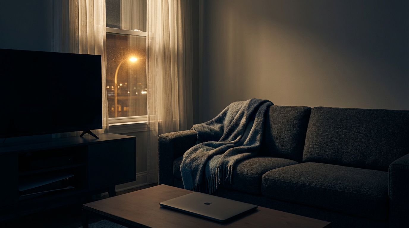 夜のリビング、テレビもPCもオフになっている、ソファの上にブランケットが無造作に置かれている、窓の外に街灯の光がぼんやり差し込む、人物は写らない