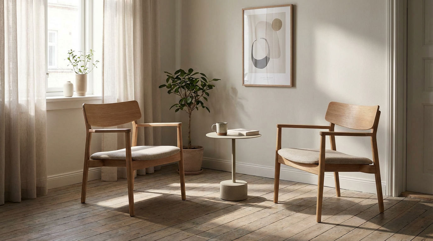 午後の小部屋、向かい合う二脚の木の椅子、人物は写らない