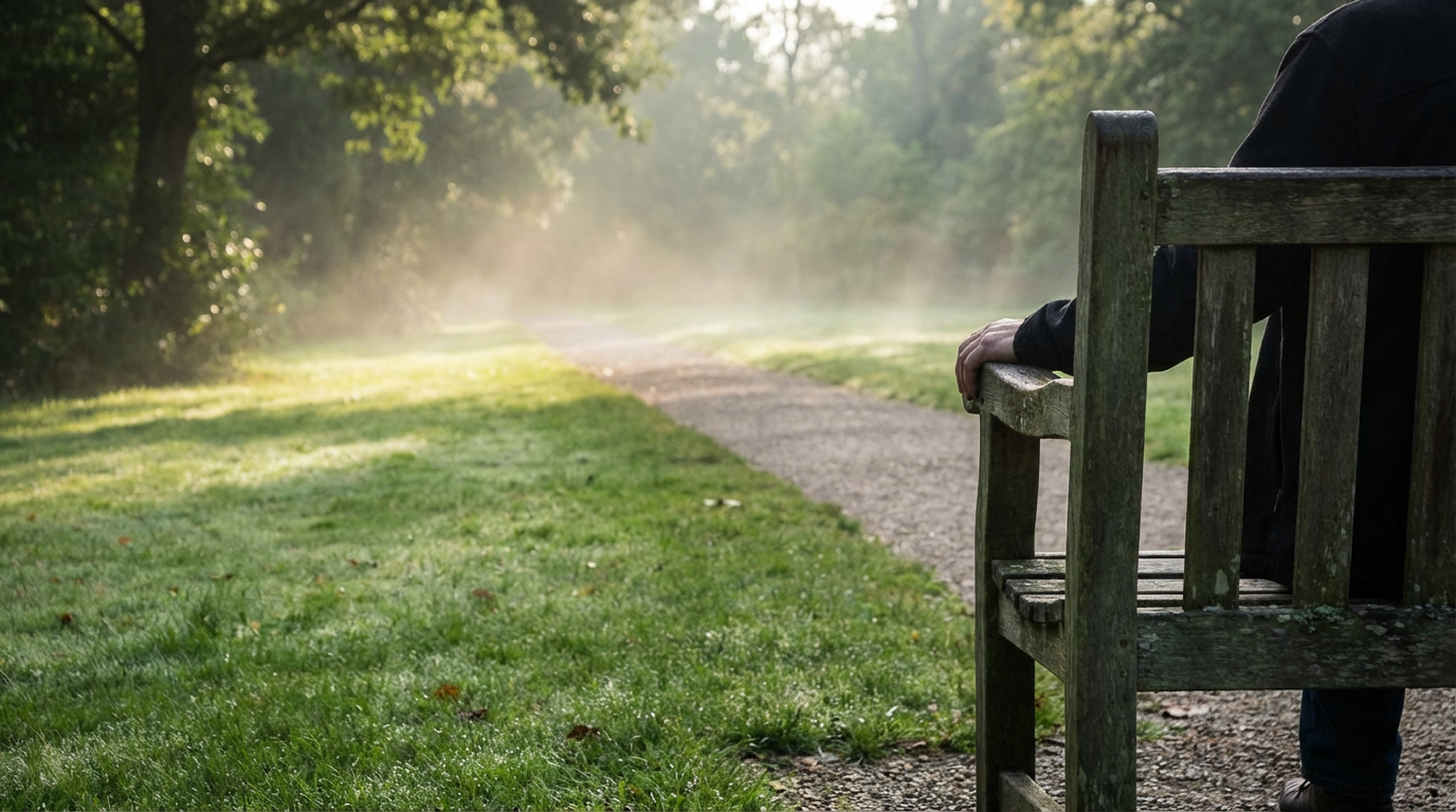 早朝の公園のベンチ、朝露に濡れた芝生、まだ誰もいない遊歩道が奥に続いている、柔らかい朝の光、人物は写らない