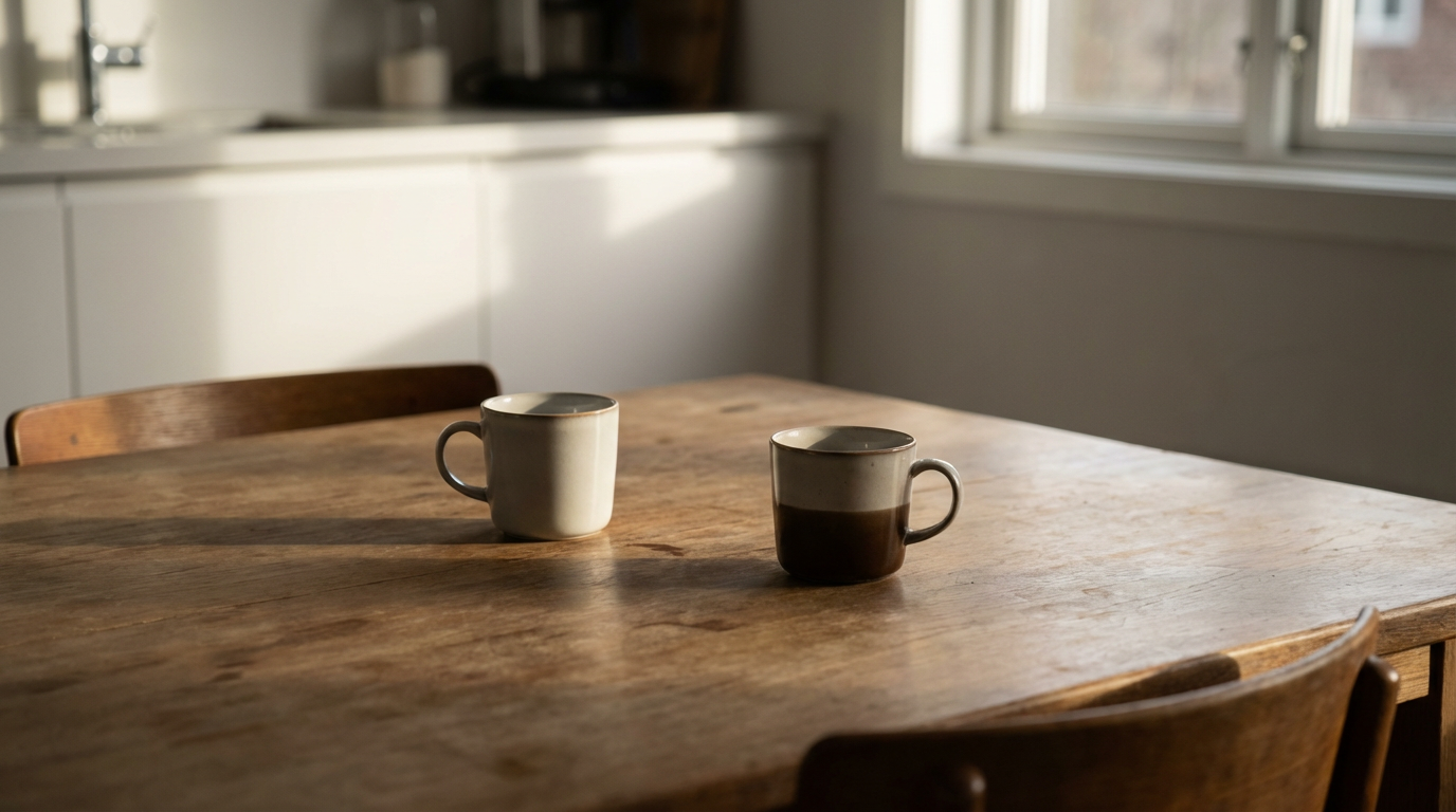 キッチンのダイニングテーブル、二人分のマグカップが少し離れて置かれている、片方は空で片方は半分残っている、午後の自然光、人物は写らない