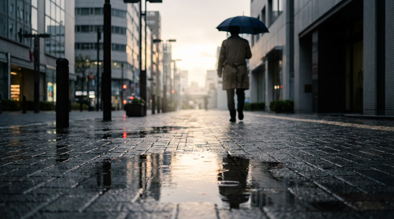 雨上がりの歩道と水たまり、道の先の淡い光、人物は写らない