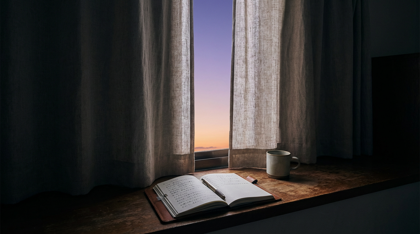 夜明け前の窓辺、カーテンの隙間から空が紫から橙に変わり始めている、窓の内側にはノートが一冊開いたまま置かれている、人物は写らない