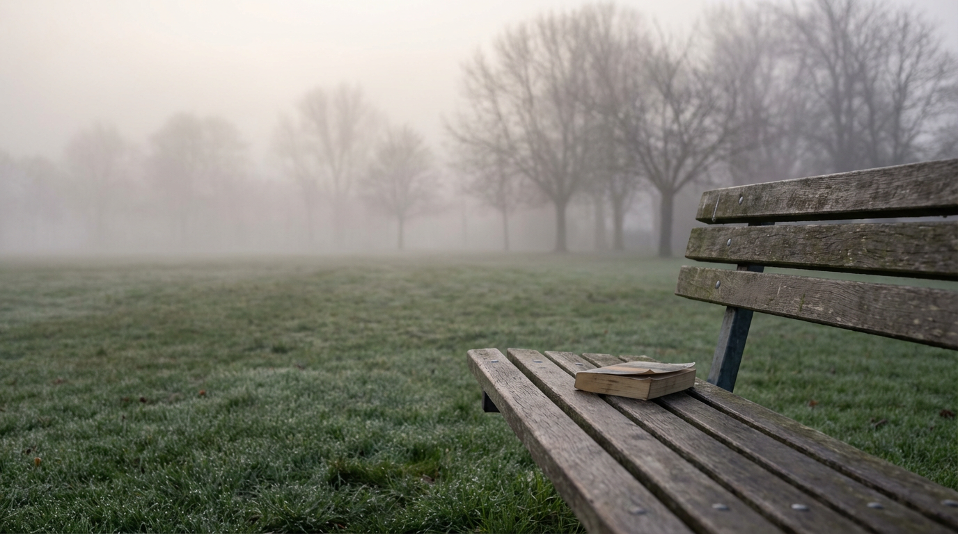 早朝の無人の公園のベンチ、ベンチの上に置き忘れられたように一冊の本がある、背景は霧がかった木立、芝生には朝露が残っている、人物は写らない、静かで空白を感じる空気