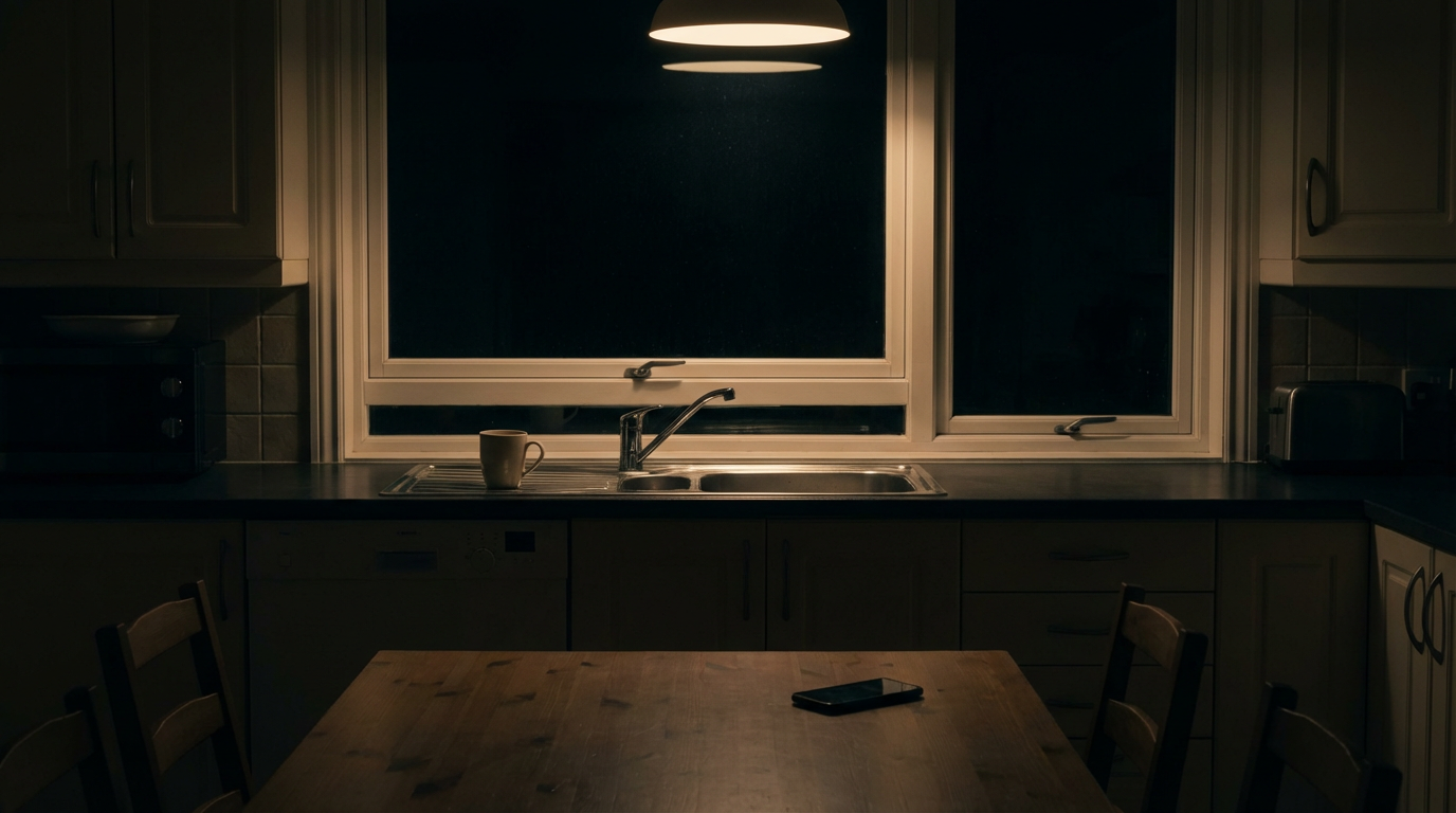 夜の台所、流しに洗われないまま置かれたマグカップがひとつ、窓の外は真っ暗、室内の照明は弱い、テーブルの上に携帯電話が伏せて置かれている、人物は写らない、日常の中の不在