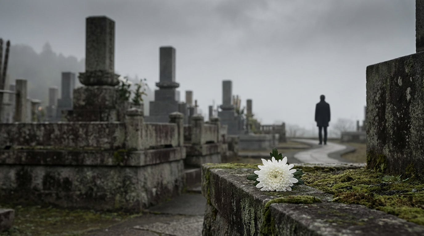 曇り空の墓地遠景と一輪の花、人物は写らない
