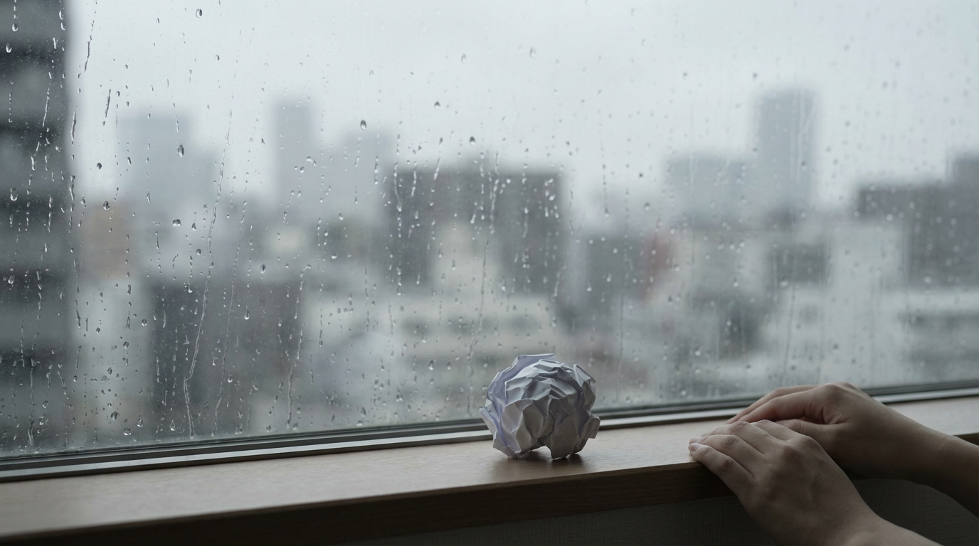 雨の窓辺と丸めた紙一枚、人物は写らない