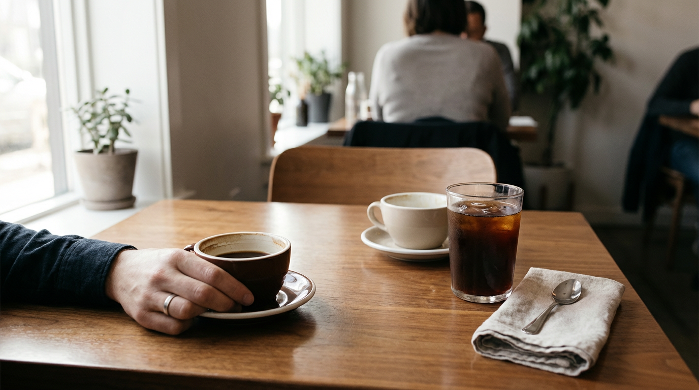 カフェのテーブル、向かいの席の空のカップと冷めたコーヒー、人物は写らない