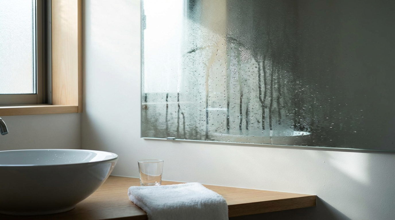早朝の洗面所、白く曇った鏡と水滴、人物は写らない