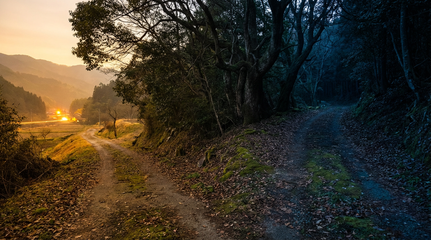 夕暮れの分かれ道、片方に光、片方に影、人物は写らない