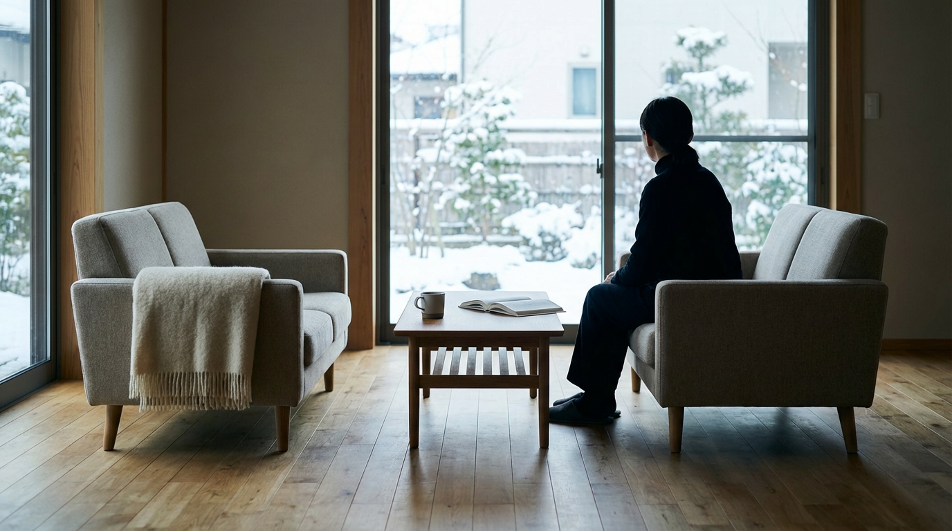 冬のリビング、向かい合うソファと残されたブランケット、人物は写らない