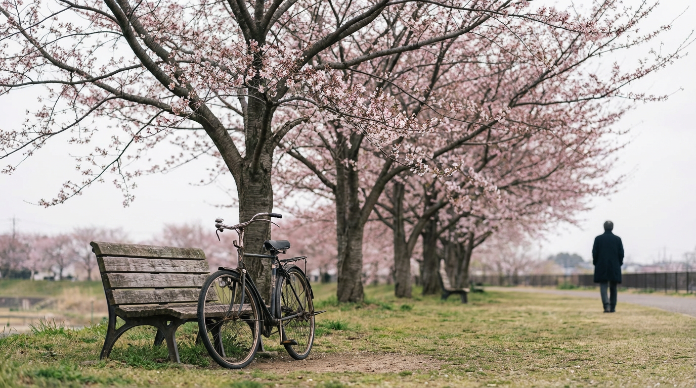 春先の公園、咲き始めの並木とベンチ横の古い自転車、人物は写らない
