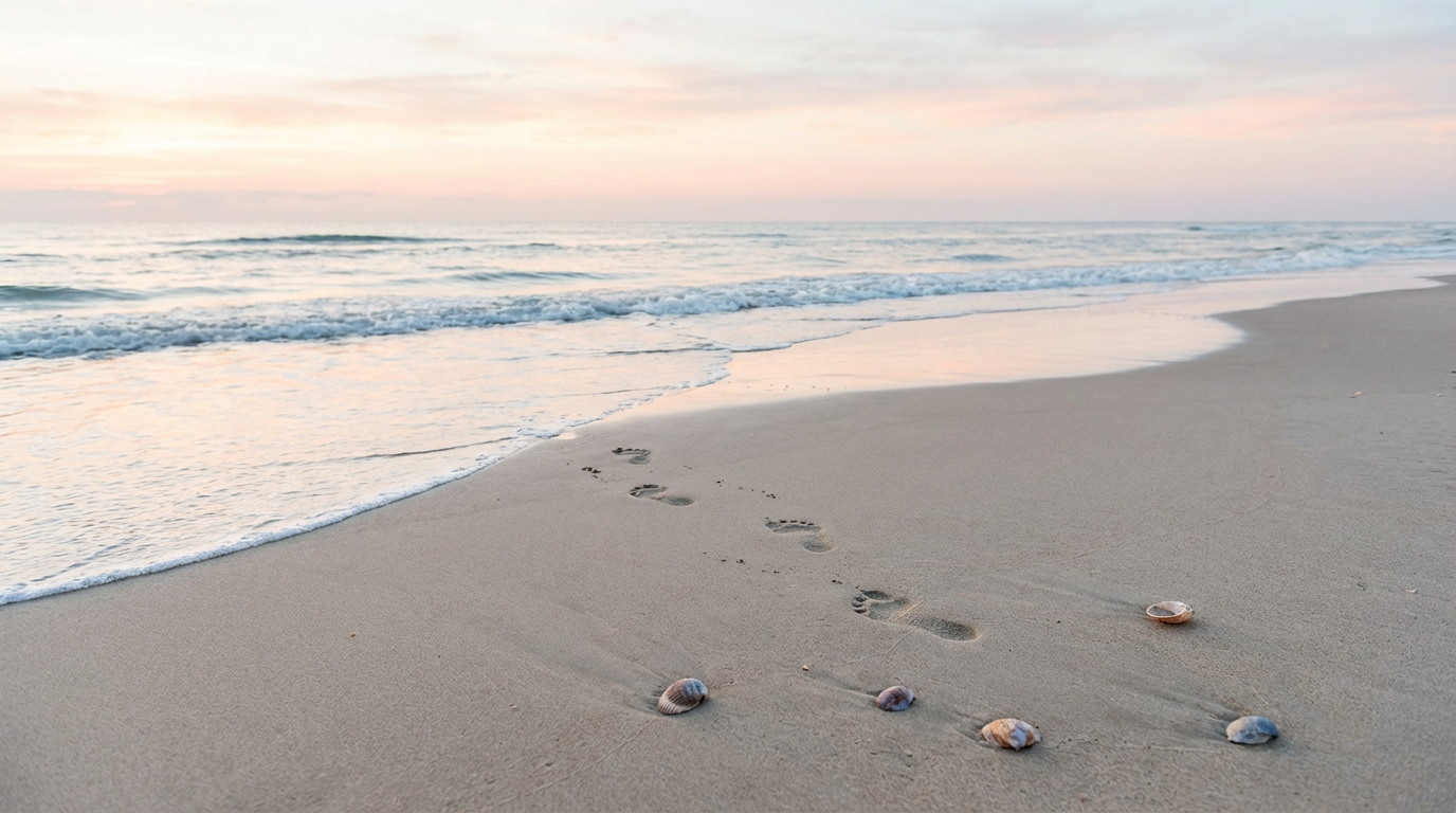 明け方の海辺、砂浜の足跡と小さな貝殻、人物は写らない